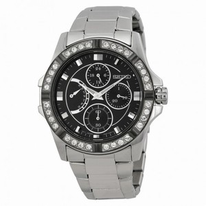 Seiko Black Dial Chronograph Stainless Steel Crystal Trim Bezel Ladies Watch SRLZ93