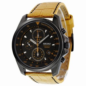 Seiko Chronograph Black Dial Black PVD Tan Leather Men's Watch SNDD69