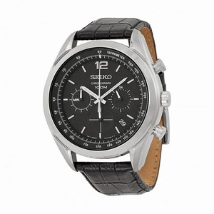 Seiko Chronograph Black Dial Stainless Steel Black Leather Men's Watch  SSB097