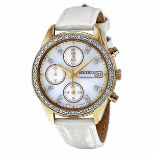 Seiko Chronograph Mother of Pearl White Leather Strap Ladies Watch SNDX74