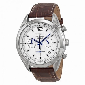 Seiko Chronograph White Dial Stainless Steel Brown Leather Men's Watch SSB095