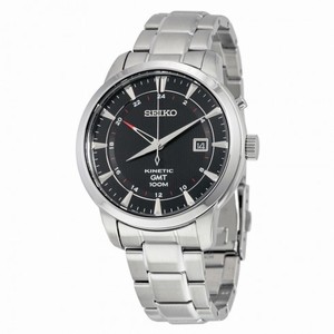 Seiko Kinetic GMT Black Dial Black Leather Men's Watch SUN033