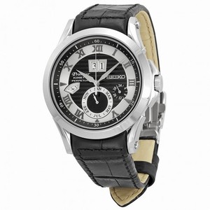 Seiko Kinetic Premier Perpetual Black and Silver Dial Black Leather Men's Watch SNP061