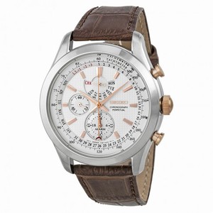 Seiko Neo Classic Alarm Perpetual Chronograph White Dial Brown Leather Men's Watch SPC129