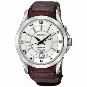 Seiko Premier Perpetual Silver Dial Brown Leather Men's Watch SNQ105