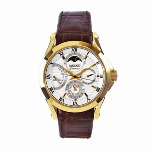 Seiko Premier White Dial Brown Leather Band Gold Stainless Steel Automatic Men's Watch SRX004