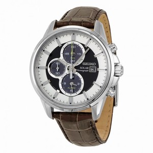 Seiko Solar Black and White Dial Black Leather Men's Watch SSC259