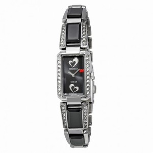 Seiko Solar Black Dial Black Ceramic And Stainless Steel With Diamonds Ladies Watch SUP187