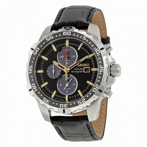 Seiko Solar Chronograph Black Dial Black Leather Men's Watch SSC303