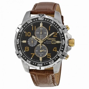 Seiko Solar Chronograph Black Dial Brown Leather Men's Watch SSC309