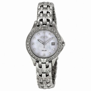 Seiko Solar Mother of Pearl Dial Crystal Bezel Stainless Steel Ladies Watch SUT083