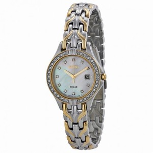 Seiko Solar Mother of Pearl Dial Crystal Bezel Two-tone Ladies Watch SUT084