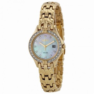 Seiko Solar Mother of Pearl Swarovski Crystal Bezel Gold-tone Ladies Watch SUT086