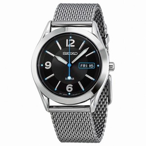 Seiko Solar Quartz Black Dial Stainless Steel Mesh Men's Watch SNE233