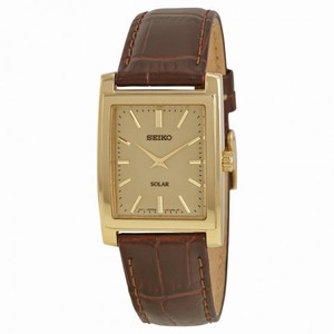 Seiko Solar Quartz Champagne Dial Brown Leather Men's Watch SUP896