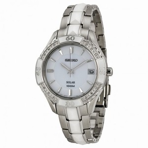Seiko Solar White Dial Stainless Steel and White Ceramic Ladies Watch SNE881