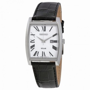 Seiko Solar White Dial Stainless Steel Black Leather Men's Watch SUT891