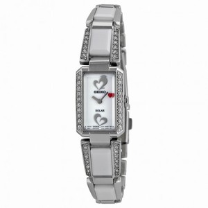 Seiko Solar White Dial White Ceramic Stainless Steel With Diamonds Ladies Watch SUP185