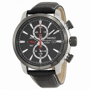 Seiko Sport Chronograph Black Dial Black Leather Men's Watch SNAF47P2