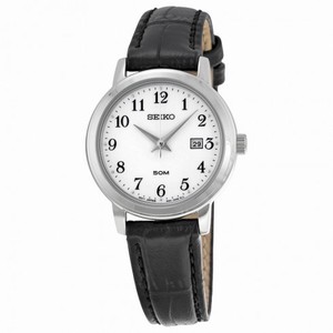 Seiko White Dial Black Leather Ladies Watch SUR823