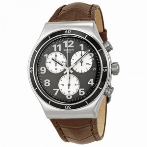 Swatch Irony Browned Chronograph Black Dial Leather Strap Men's Watch YVS400