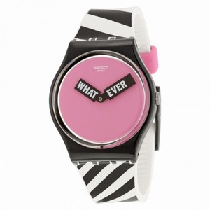 Swatch When-Ever Pink Dial Black and White Striped Silicone Unisex Watch GB284