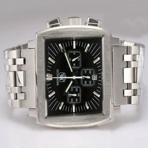 TAG Heuer Monaco Monaco Calibre 12 Rectangle Silver Stainless Steel Strap Black Dial Watch