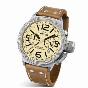 TW Steel Canteen Chronograph Cream Dial 45 MM Brown Leather Men's Watch CS13