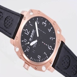 U-Boat Flightdeck 1887 Mens Black Ostrich Leather Strap Rose Gold Bezel Watch