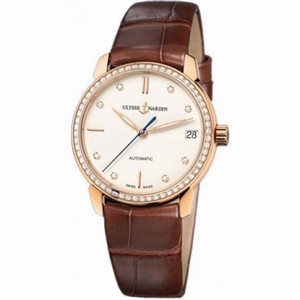 Ulysse Nardin Classico Eggshell White Diamond Dial 18kt Rose Gold Brown Leather Ladies Watch 8106-116B-2-990