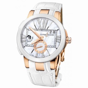 Ulysse Nardin Executive Dual Time Mother of Pearl Diamond Dial 18kt Rose Gold White Leather Ladies Watch 246-10-391