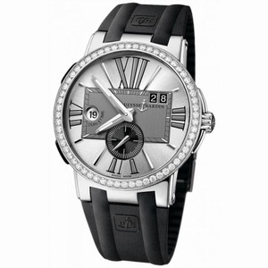 Ulysse Nardin Executive Dual Time Silver Dial Diamond Bezel Black Rubber Men's Watch 243-00B-3-421