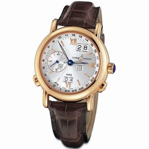 Ulysse Nardin GMT Perpetual Silver Dial 18kt Rose Gold Brown Leather Men's Watch 326-82-31