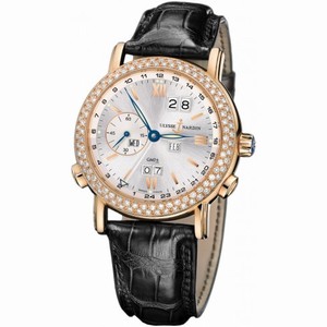 Ulysse Nardin GMT Perpetual Silver Dial Diamond Bezel 18kt Rose Gold Black Leather Men's Watch 326-28