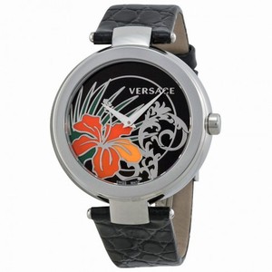 Versace Mystique Black Hibiscus Dial Black Leather Ladies Watch 19Q99D9HI-S009