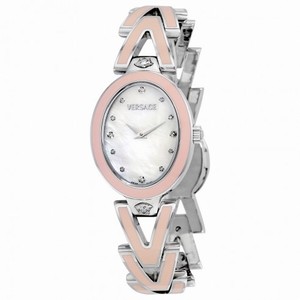 Versace V-Glam Mother of Pearl Diamond Dial Steel and Pink Enamel Ladies Watch 60QE5SD498-SE11