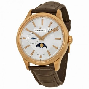 Zenith Captain Moonphase Silver Dial 18kt Rose Gold Brown Leather Men's Watch 18214069102C498
