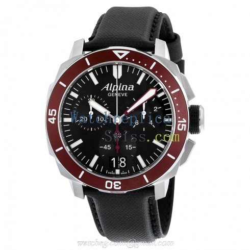 Alpina Seastrong Diver 300 Big Date Chronograph Black Dial Black Leather Men's Watch AL-372LBBRG4V6